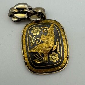 Vintage damascene bird flower pendant, Gold and black spanish toledo pendant